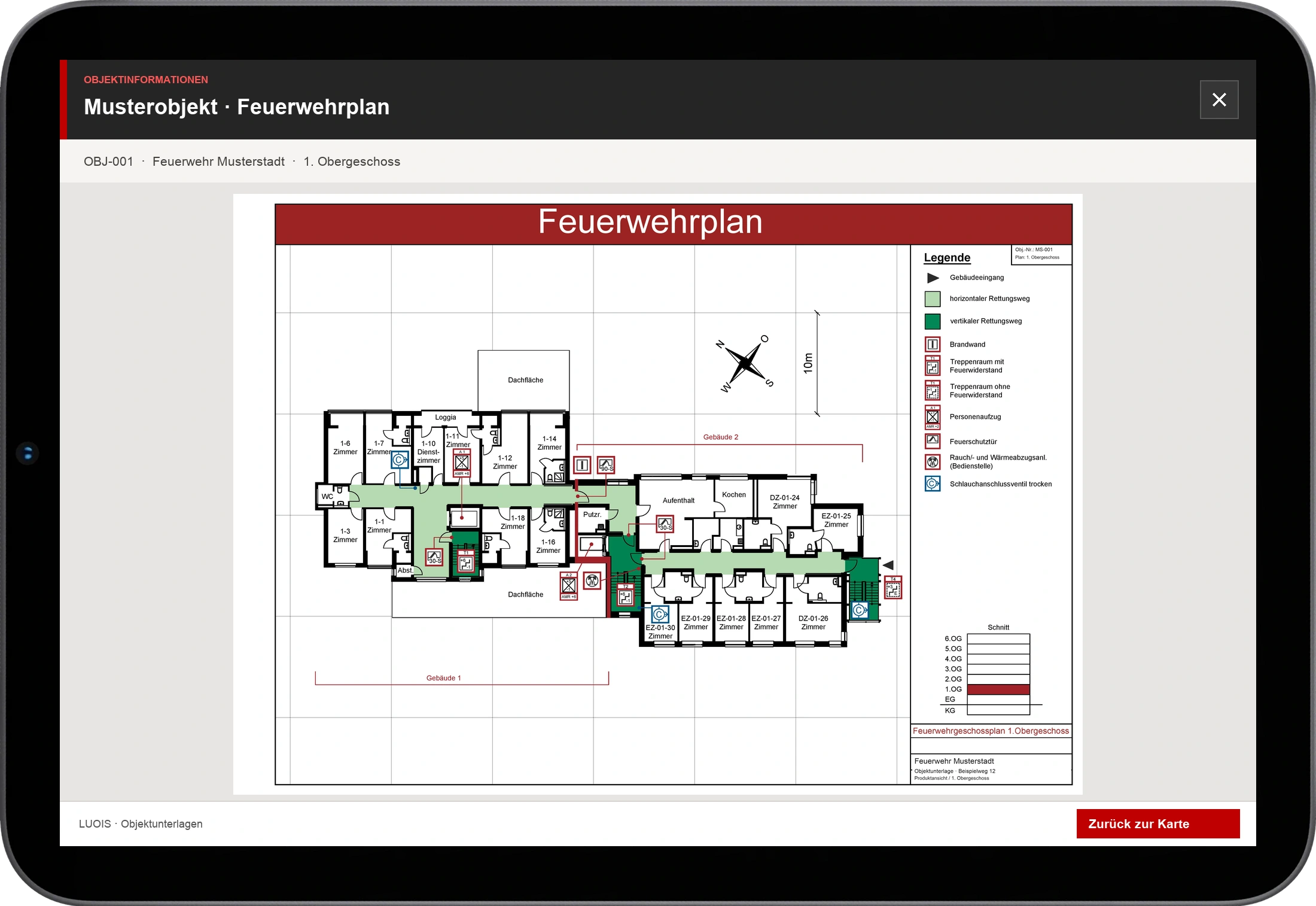 Feuerwehrplan auf einem Tablet